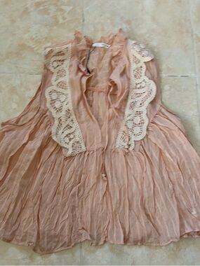 Zara Blush Lace-Trim Sheer Peplum Top